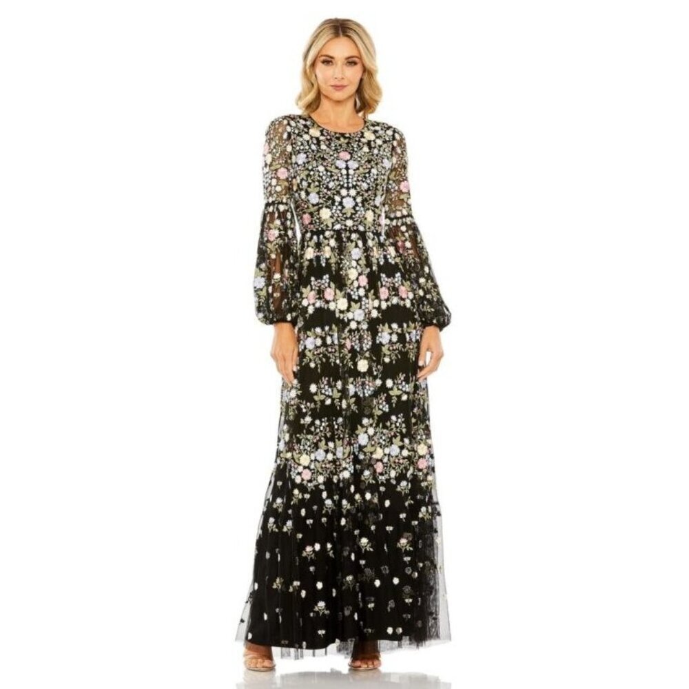 Mac Duggal 35161 Black Floral Embroidered Maxi Evening Dress Gown Size 2 NWT